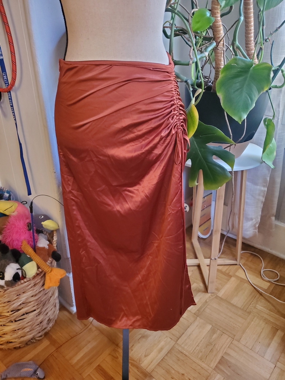 SHEIN Rust Satin Side-Ruched Midi Skirt